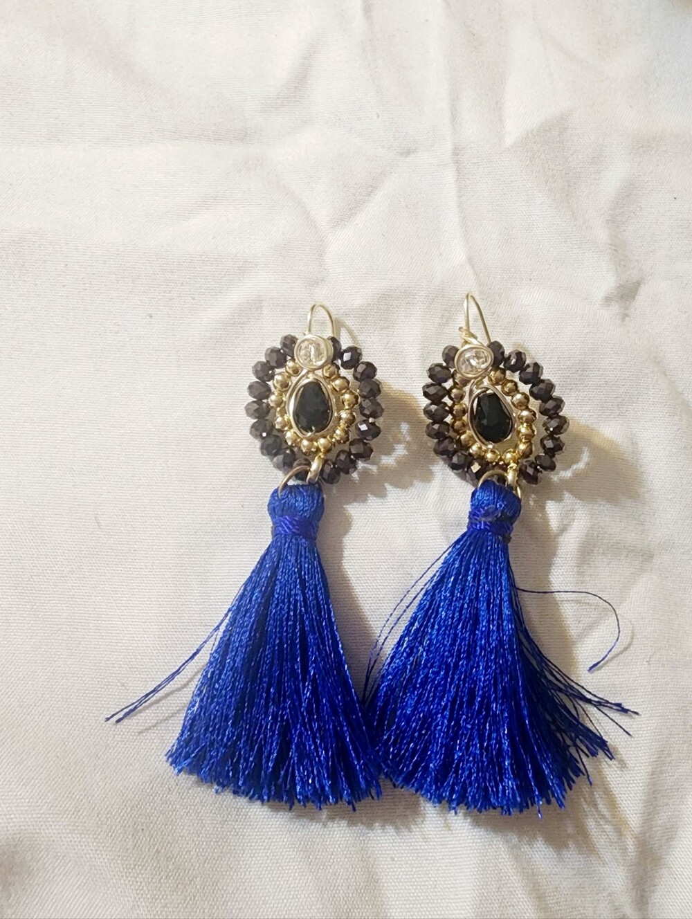 Blue Tassel Drop Earrings with Black and Gold Accents